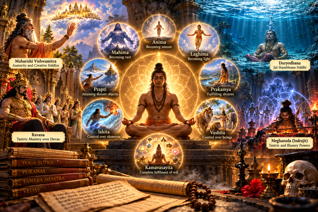 Asht Siddhi, and the examples of Ravan, Maghnad, duryodhan who possessed many siddhi's
